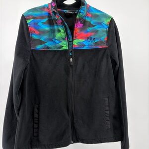 FILA Sport Jacket Black & Multi Color Zip Sz M Athletic Running Velour Fleece